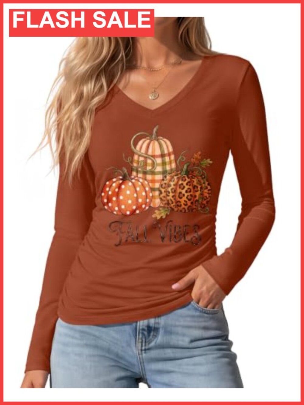 Women Long Sleeve V-Neck Pumpkin Graphic Tee Fall Thanksgiving Top